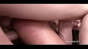 Petite brunette gets filled with triple anal penetration