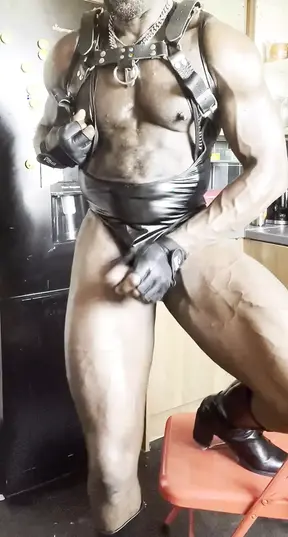 Black Muscle Boots &amp; Harness Nipple Play &amp; Wank