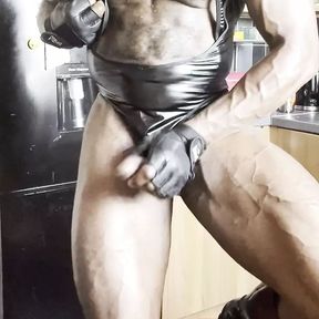 Black Muscle Boots &amp; Harness Nipple Play &amp; Wank