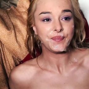 A hot blonde babe gets a double cumshot inside her mouth