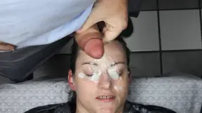Eyes plastered shut with 2 big loads of cum