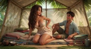 Woman And Young Man Ignite Passion After Being Shipwrecked On Tropical Island Paradise (AI generated)