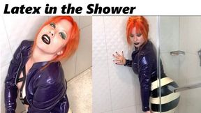 *1280x480* Latex in the shower Metallic Purple Coat and Striped black and white Mini Skirt MP4