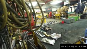 New Hire Gushed Choked Drilled by Trans Latina Cock in Workshop Orgy Destroy