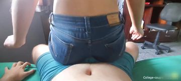 Blowjob on underwear, clothed titjob and jeans shorts lapdance grinding till cum in pants.