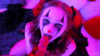 Slutty Female Clown gets on her knees for deep blowjob and facial POV