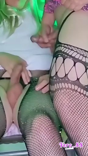 Sissy Vero cums on her friend's girl cock