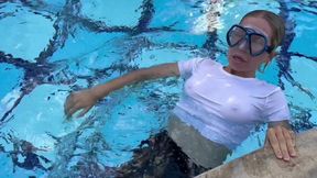 Wetlook and Dive in the Pool with Mask! Sheer Top, No Bra!