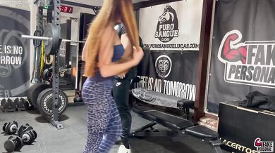 Red head fitness girl gets throat fucked by her big dick trainer