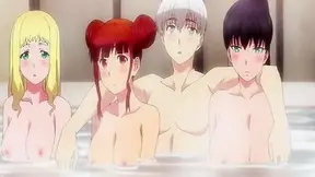 World's Ends Harem 9 - ecchi anime - Three anime girls use their boobs to shower guy