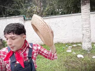 Grandma has bad intentions and convinces gardener to let her bang him in the butt with the thong-on