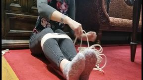 Self Bondage in Sneaker Socks and Jeans, Toes Tied, and Socked Soles Inspected in Close-UP POV! Video 0106 in WMV file format