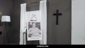 Tattooed redhead MILF gives deepthroat blowjob to young stud