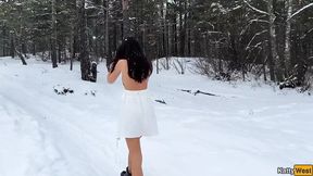 Snowy forest model gets doggystyle fucked and cums on face