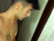 Twink risky jerks cock at the public toilet and cums on occupied cabin