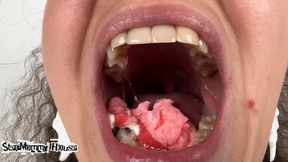 Chewing Sweet Food with Mouth Wide Open - Abundant Saliva Secretion, Loudly Slurp Into the Microphone Asmr, Gummy Servants Swallowed, Giantess a Long Tongue, Perfect White Female Teeth, Curly Brunette Goddess