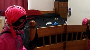 Self bondage with a collared crossdresser maid and an armbinder