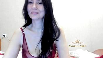 Dark haired MILF in lace stockings and burgundy sexy panties dances and arouses young dicks / Angela-MILF