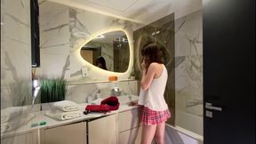 Hottest Brunette Babe Beautiful Girl in the Bathroom Loves to Show off Her Pussy and Cute Butt Under Miniskirt