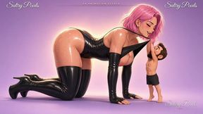 Anime Latex Giantess on All Fours Lets Her Heavy Milky Tits Hang Over a Tiny Man