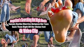 4K | Angelina's Sweaty Barefoot High Heels Foot Fetish: Haribo Cherry Gummies Between Toes – Lick, Suck & Worship Her Damp, Sticky Soles!