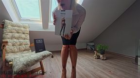 serious business woman trying on her new luxury pantyhoses for you - business-bitch