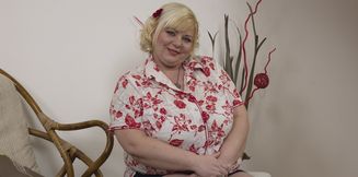 Curvy Blonde BBW MILF strips naked and plays with her huge natural tits and shaved pussy