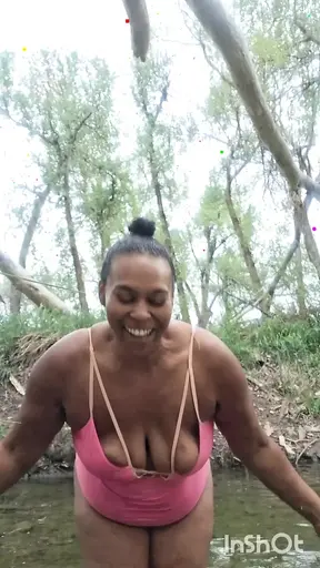 Skinny dipping black BBW gets fucked in the stream