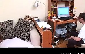 Pale busty brunette stuffs her twat with baseball bat