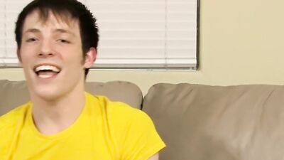 Lovely twink has fun at an interview and jerks off solo