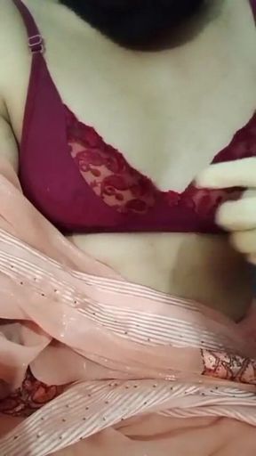Indian Crossdresser Bottom Gaurisissy Feeling Horny for Sex in Silky Saree with Heavy Jwellery