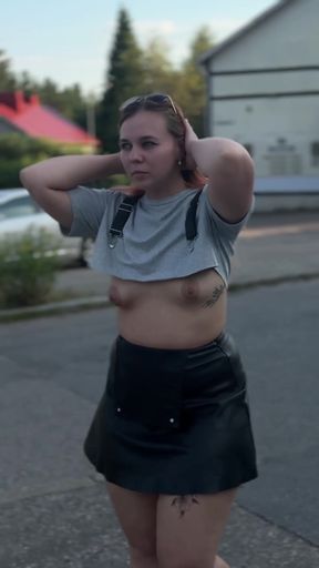 Curvy blonde amateur exposes and flashes her braless boobs in a solo