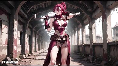 Redhead warrior in tight combat suit teases you with a lazy glance back in ruins