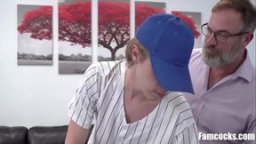 Stepdad tongues stepson in baseball cap
