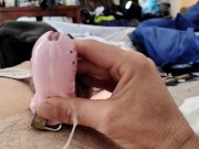 Femboy tgirl Chrissy Squirts Cum Thru Cage