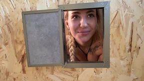 Real glory hole debut of a horned-up blonde with sexy ink (BTS)