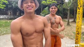 Two hot latino muscle jocks flex then get jerked off raw