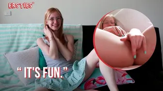 Petite redhead Layla masturbates her hairy pussy using fingers and a dildo