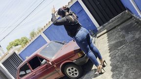 Balbina ultra sexy pedal pumping and cranking in tight jeans and high heels