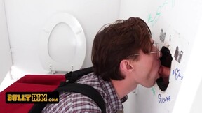Bully Him - Innocent Geeky Boy Wraps His Puffy Lips Around Fat Prick Coming Out Of A Glory Hole
