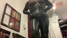 Leather clad Dominatrix lashes sissy slut