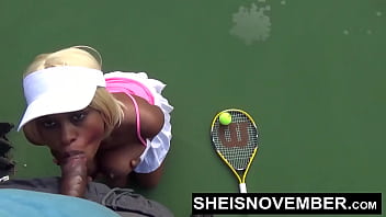 HD Little Petite Whore Talked Into Public POV Blowjob Fellatio And Cum Eating Cumshot Facial After Losing A Tennis Game Against Girthy Hung Big Dick BBC Man, Cute Young Busty Ebony Babe Sheisnovember Flashing Big Boobs Outside By Msnovember