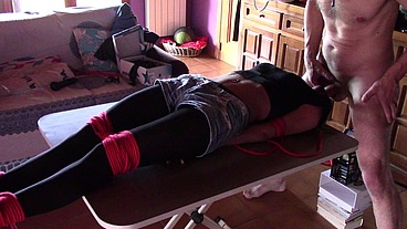 17 minutes of hogtied extreme blowjob and deepthroat with massive oral creampie