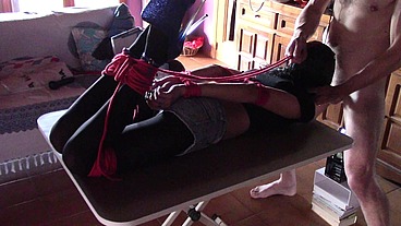 17 minutes of hogtied extreme blowjob and deepthroat with massive oral creampie