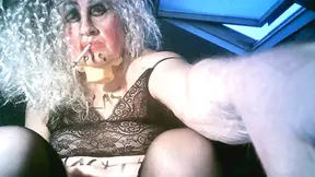 Sissy bimbo shitcunt fag pig slut Sarah Millward, smokes, wanks, double penetrates herself  with 9 inch balck dildo