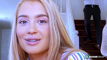 Brace-Face Teen Anastasia Knight Squeezes a Huge Cock into Her Asshole