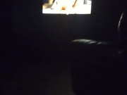 Sexy guy jacking off in front of a bunch of men in open adult theater while watching tranny porn 2