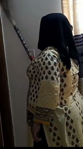 Egypt Muslim BBW Aunty gets stuck under bed while cleaning Room then neighbor helps her &amp; Give something behind   Clip 2