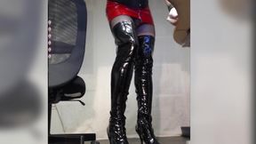 Crossdresser Getting Dressed with Boots, Fishnet, Red Pvc Dress and Corset