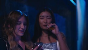 Two petite girls get fucked by a transgender blonde in an intense orgy